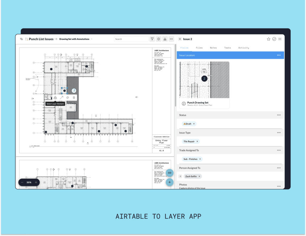 A floorplan in Layer with a site photo attached to a pinned field observation