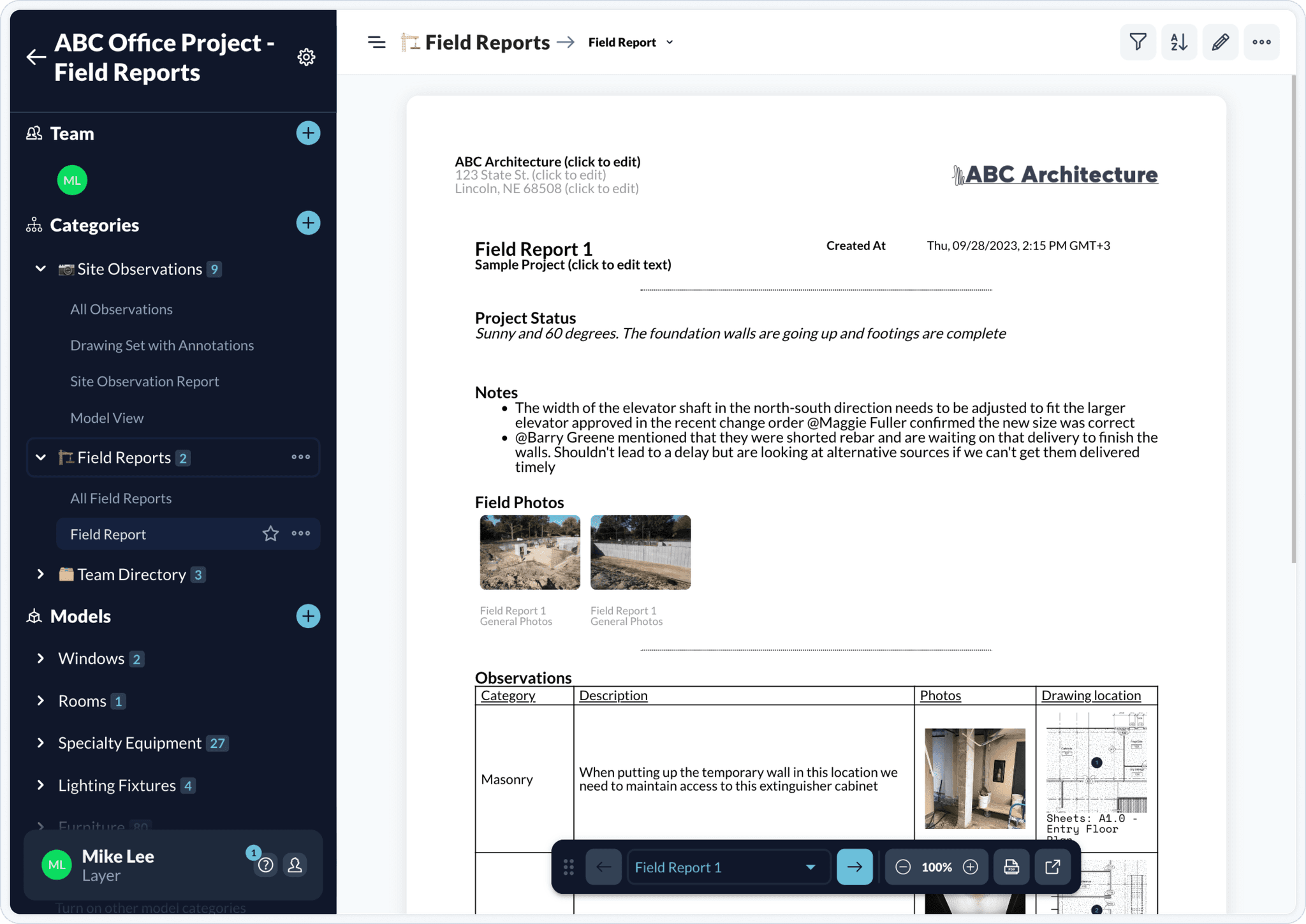 A formatted field report document view in Layer