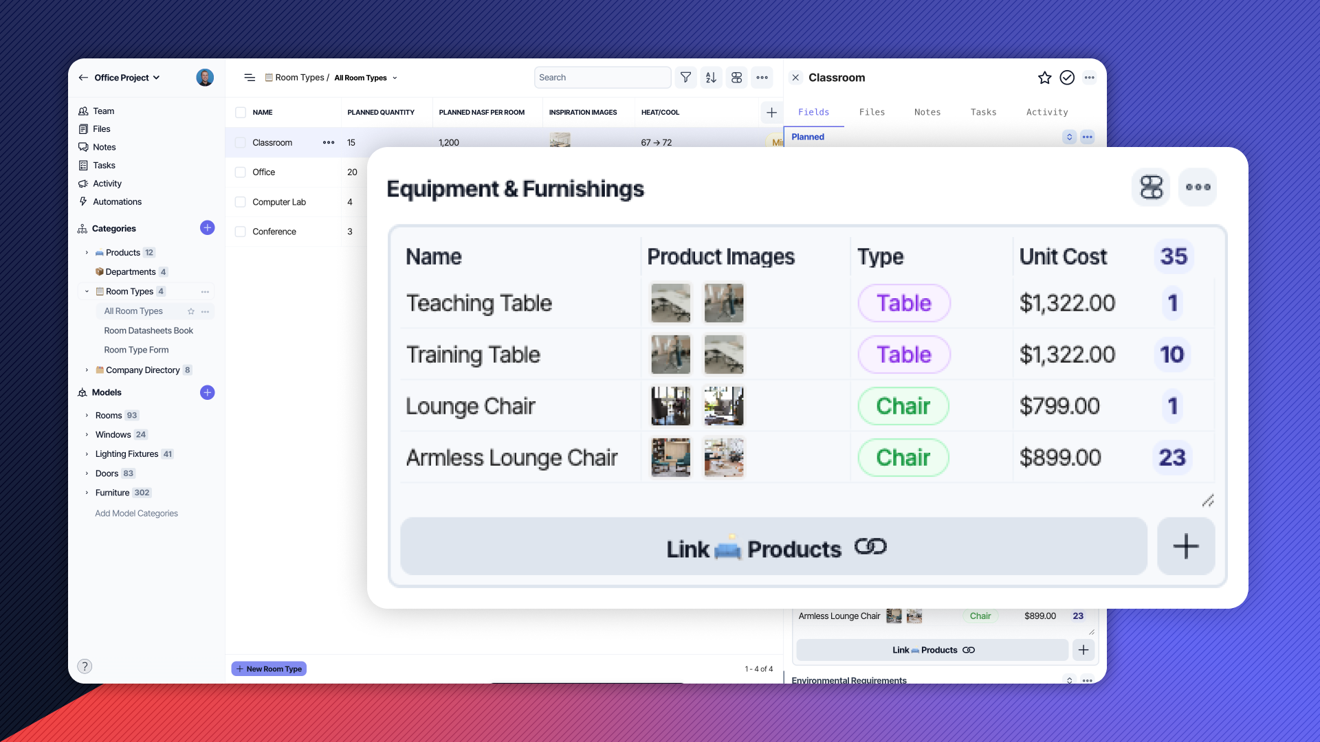 Furniture and equipment records connected to room types in Layer